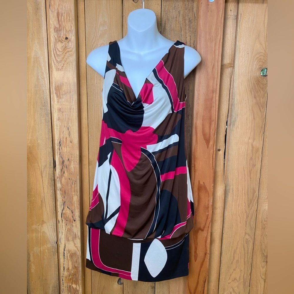 Bisou Bisou Geometric Abstract Lined Banded Hem Mini Dress Size 6
